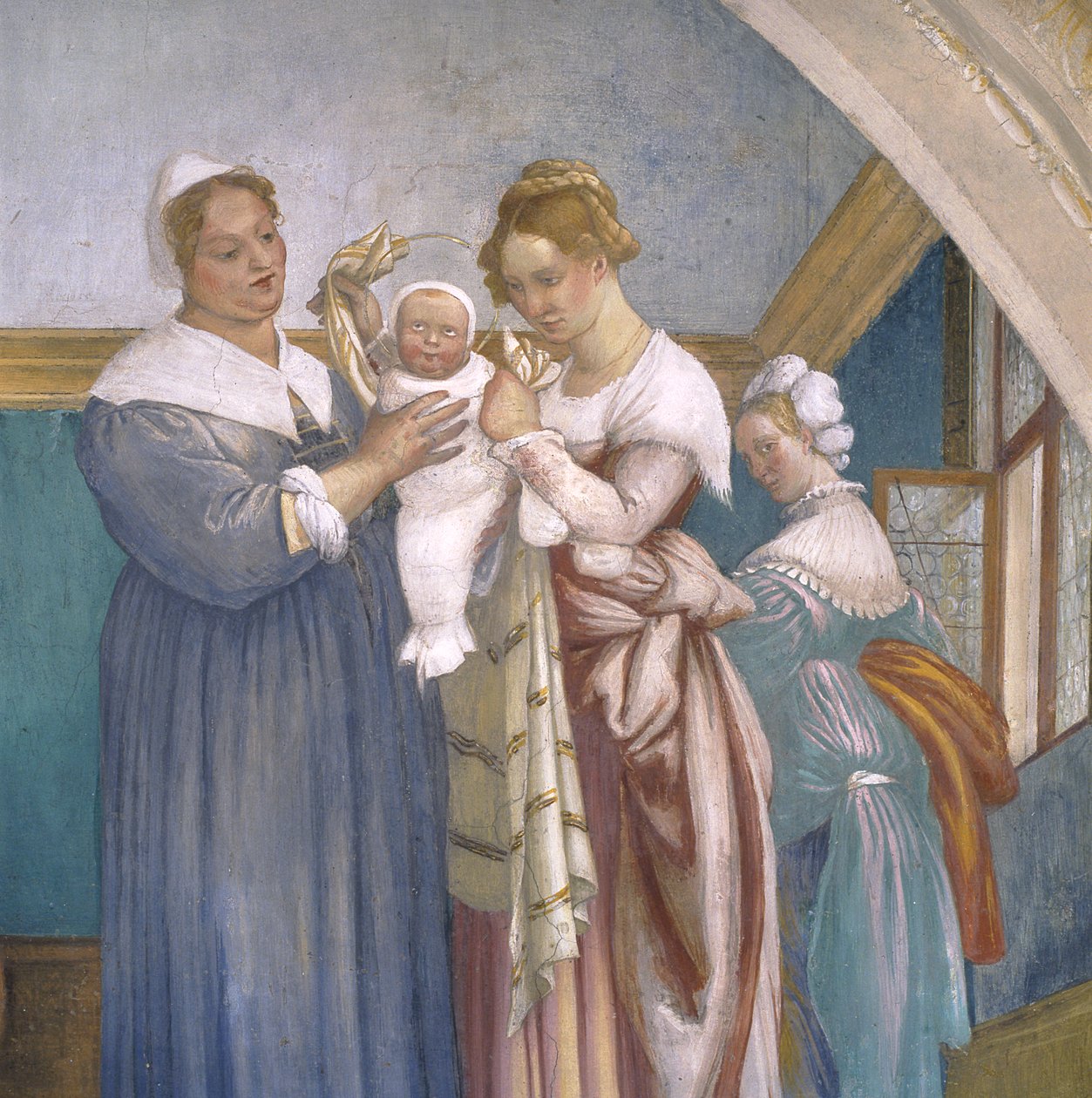 Jomfruens fødsel, lunette fra Lotto-kapellet, 1525 af Lorenzo Lotto