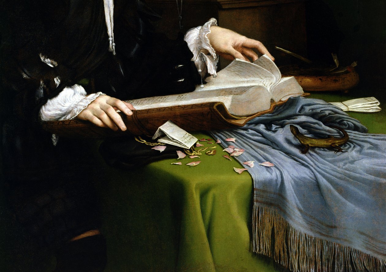 Portræt af en gentleman i hans studie, 1528-30 (detaljeret) (efter restaurering) af Lorenzo Lotto