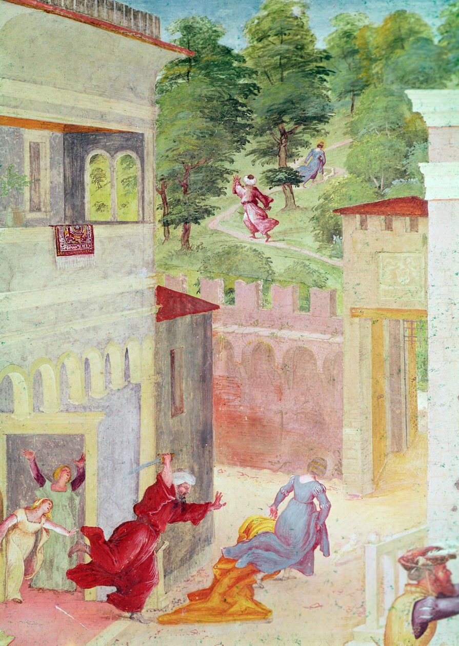 Scener fra St. Barbaras liv, detalje af St. Barbara, der trues af sin far, ca. 1523-24 af Lorenzo Lotto