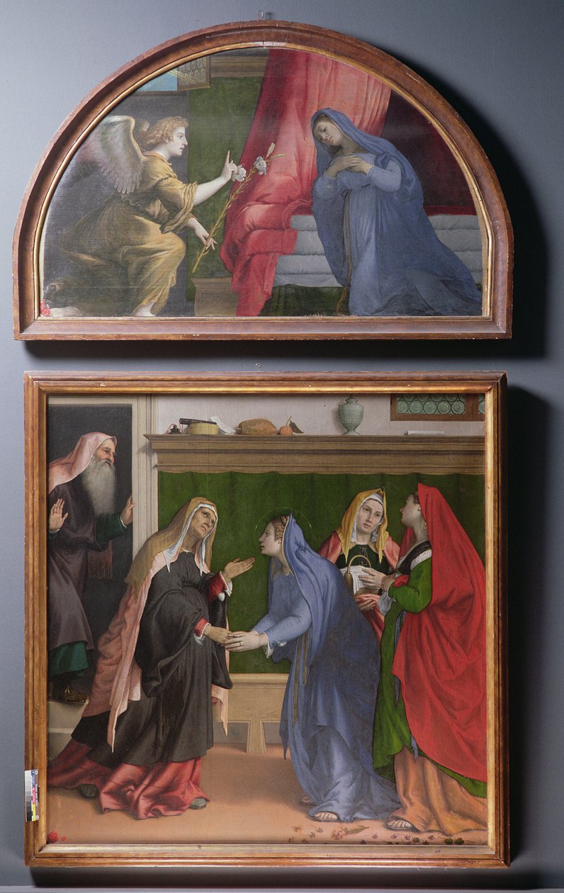 Bebudelsen og Visitationen, to malerier, der udgør en altertavle, 1530-35 af Lorenzo Lotto