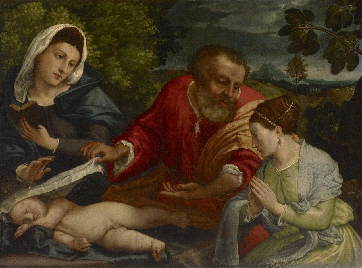 Den hellige familie med en Donatrix som Sankt Katarina af Alexandria af Lorenzo Lotto