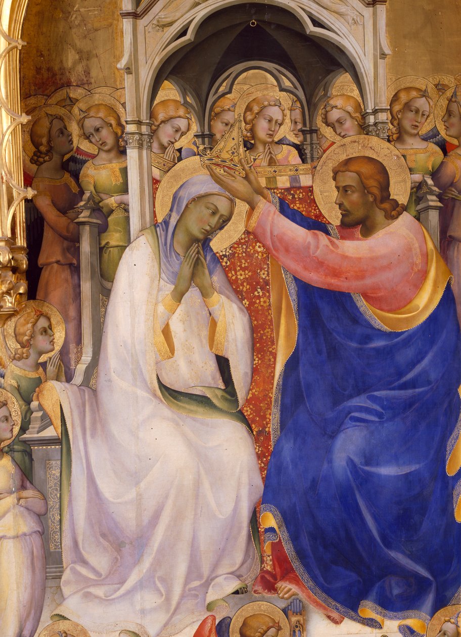 Jomfruens kroning, detalje med Kristus, der kroner Jomfruen, 1414 (tempera på panel) af Lorenzo Monaco