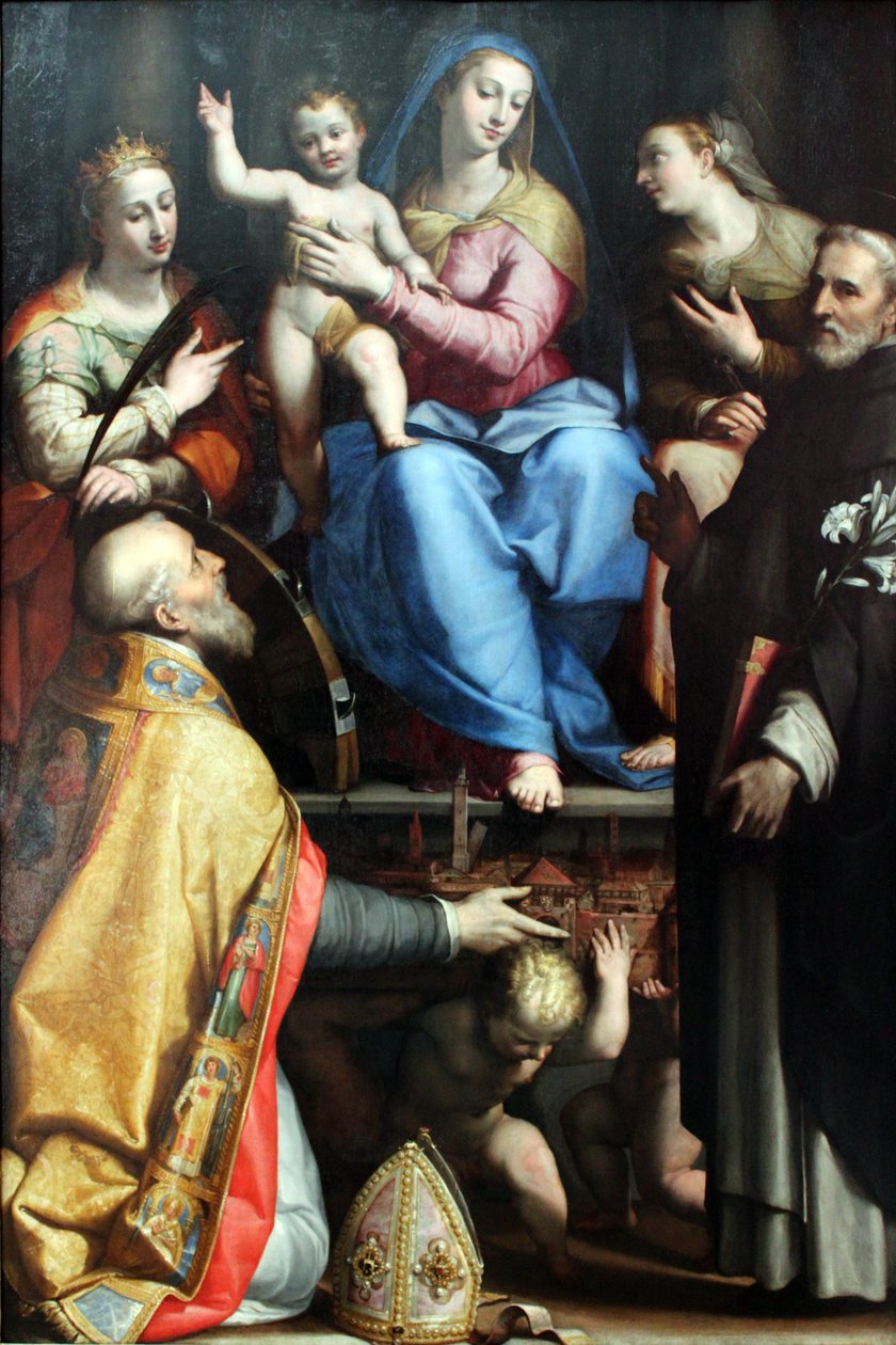 Maria tronede med velsignelsesbarnet og de hellige Petronius, Catherine af Alexandria, Dominic og Apollonia af Lorenzo Sabbatini
