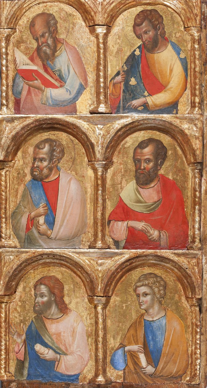 Detalje af Madonna og barn med engle, korsfæstelsen og de tolv apostle eller helgener, ca. 1360 tempera på panel af Lorenzo Veneziano