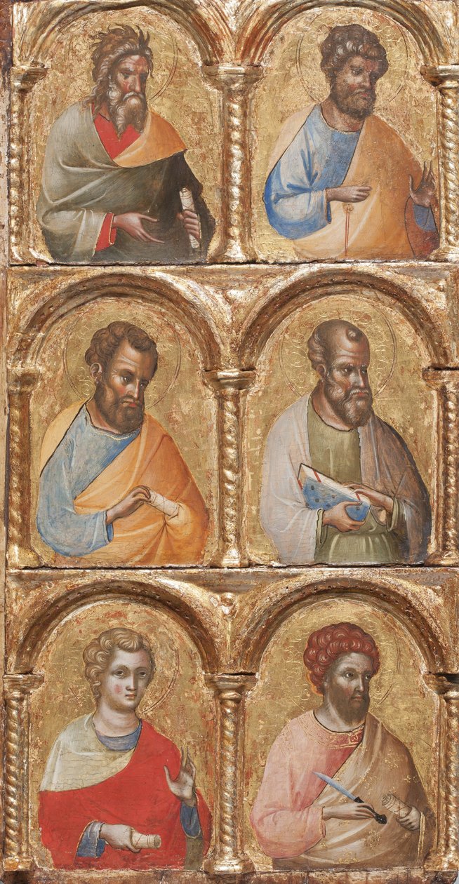 Detalje af Madonna og barn med engle, korsfæstelsen og tolv apostle eller hellige, ca. 1360 tempera på panel af Lorenzo Veneziano