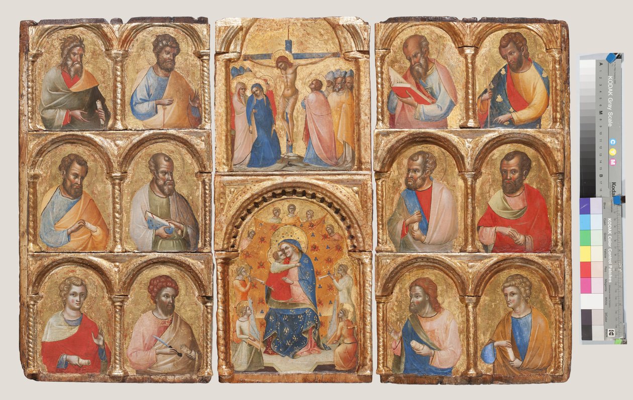 Madonna og barn med engle, korsfæstelsen og tolv apostle eller hellige, ca. 1360 tempera på panel af Lorenzo Veneziano