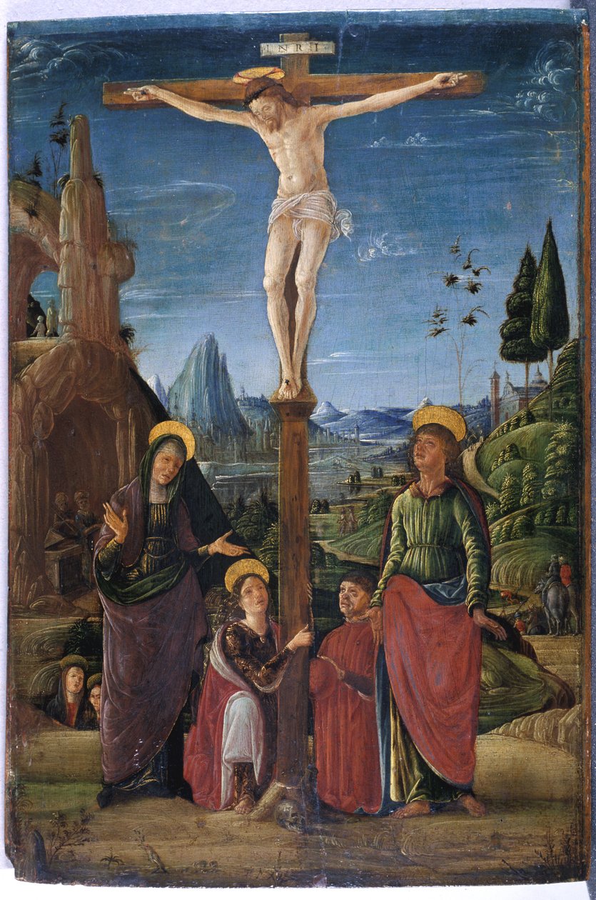 Korsfæstelsen med Maria, Johannes, Maria Magdalena og en velgører, ca. 1480 (tempera på træ) af Lorenzo attr. to Costa