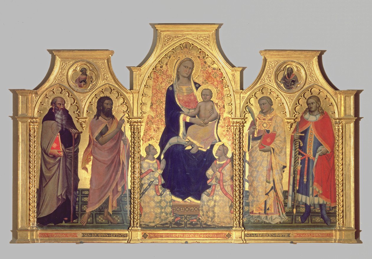 Madonna og barn med St. Anthony Abbed, St. John the Baptist, St. Lawrence og St. Julian, 1404 (tempera på panel) af Lorenzo di Niccolo Gerini