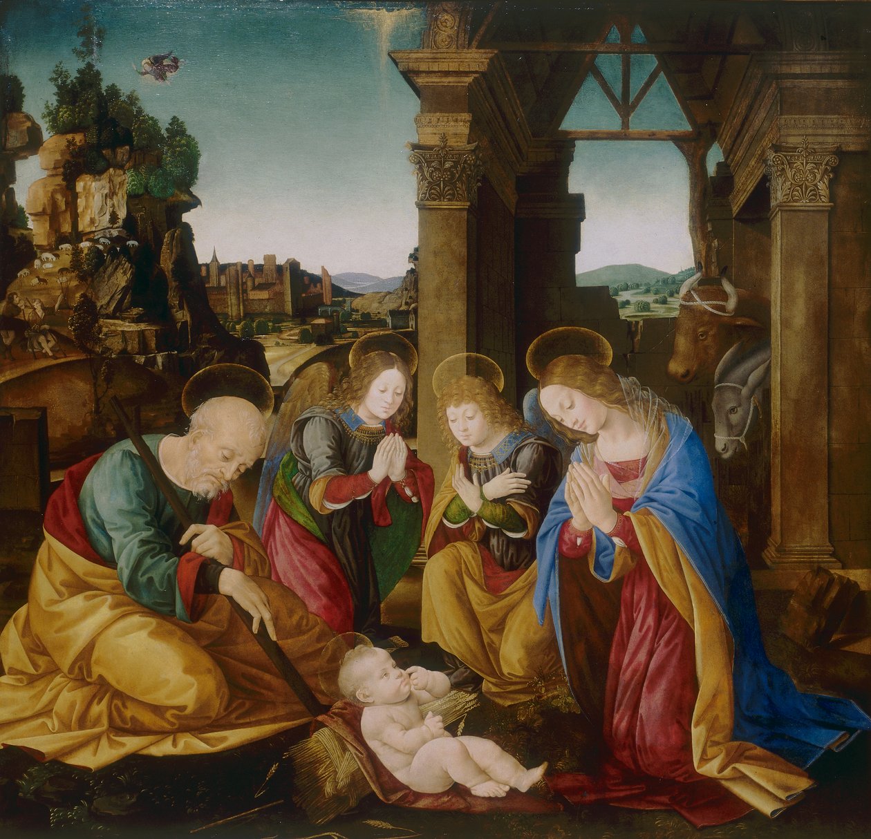 Tilbedelse af barnet af Lorenzo di school of Credi