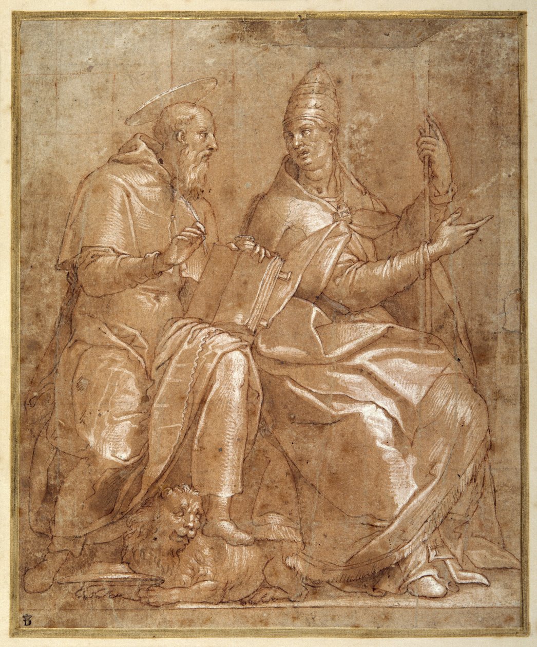 Sankt Hieronymus taler med Sankt Gregor den Store (pen og brunt blæk med rødbrun vask og forhøjning) af Lorenzo (c.1530 76) Sabatini