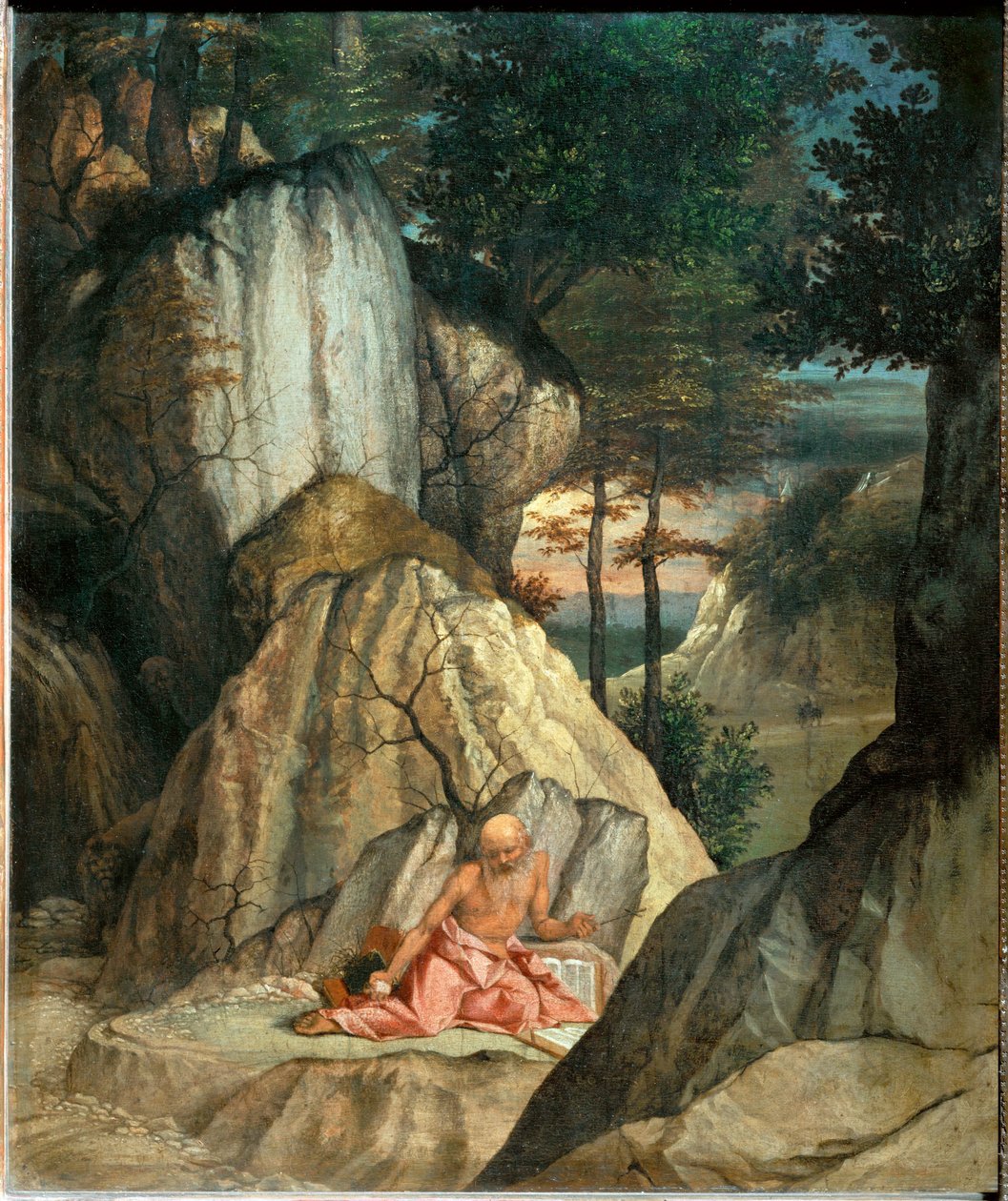 Saint Jerome meditant dans le desert - Sankt Hieronymus mediterer i ørkenen ... af Lorenzo (workshop of) Lotto