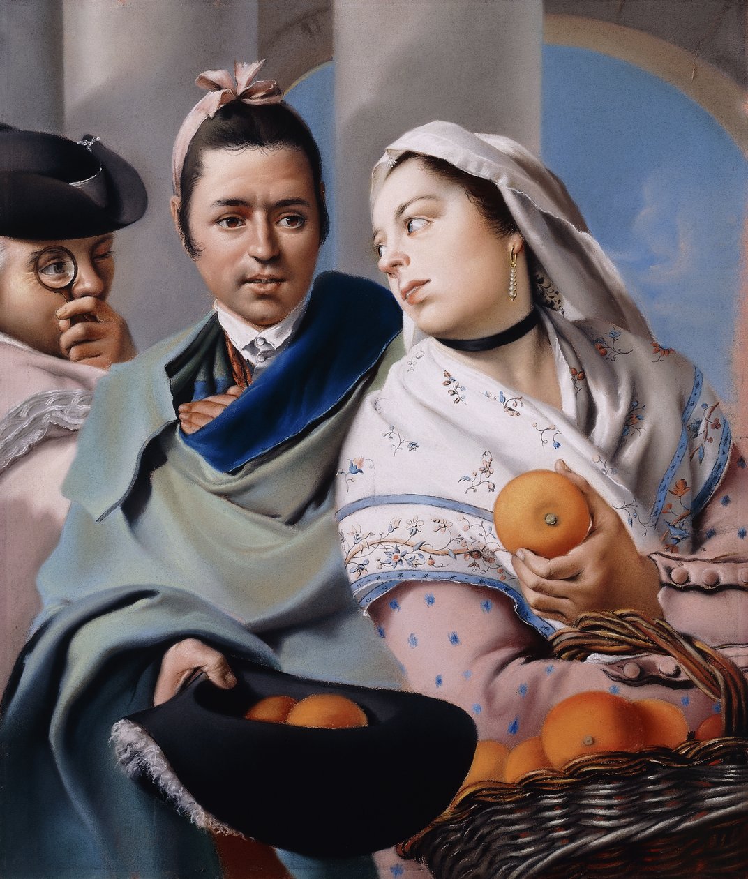En pige i en lyserød kjole og hvidt sjal, der tilbyder appelsiner til en herre i en grøn kappe, der holder en tricorn hat, observeret af en herre med et briller, af Lorenzo Baldissera Tiepolo