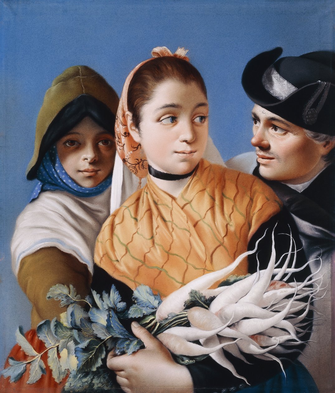 En pige i et orange sjal med majroer, en pige i en grøn motorhjelm og kjole og en herre i sort tricorn hat, af Lorenzo Baldissera Tiepolo