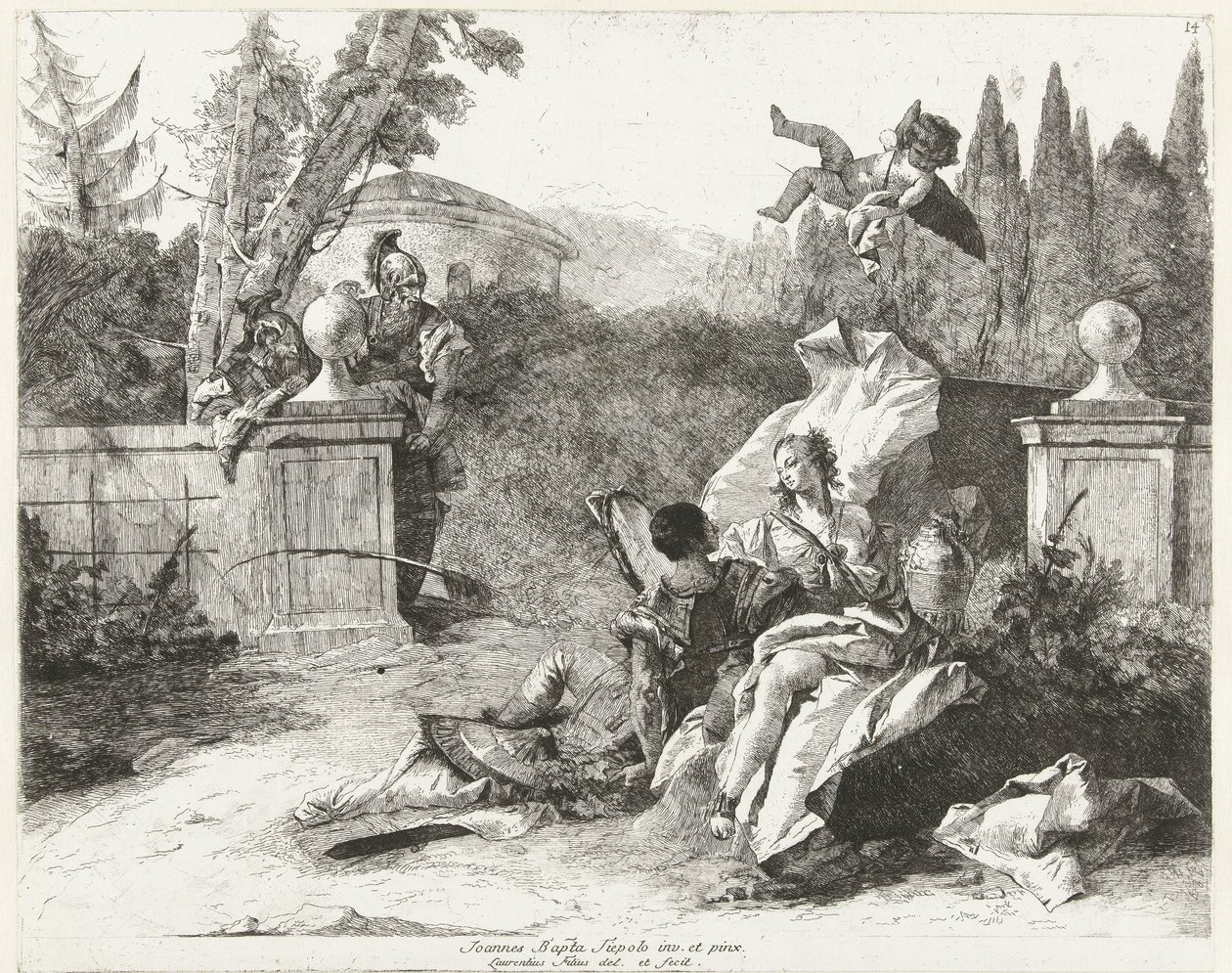 Rinaldo og Armida bliver udspioneret af Ubaldo og Carlo af Lorenzo Baldissera Tiepolo