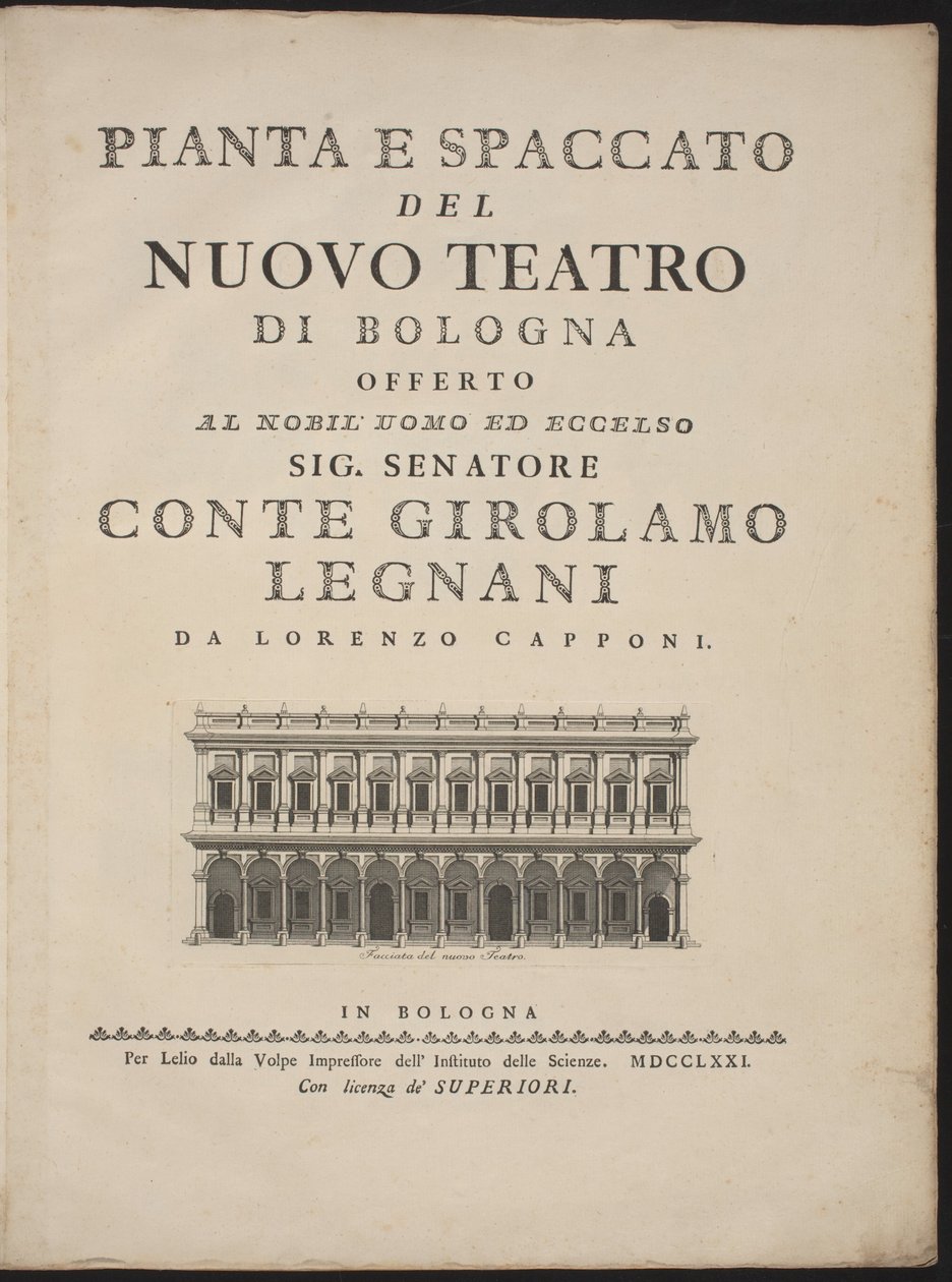 Plan og tværsnit af det nye teater i Bologna af Lorenzo Capponi, after Antonio Galli Bibiena