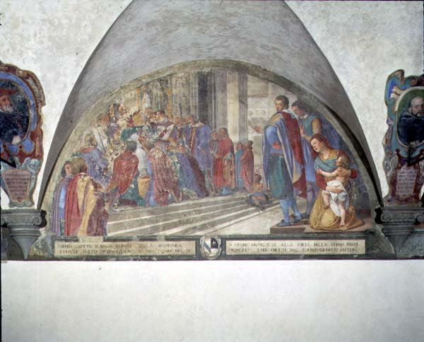 Sankt Antoninus fritager Balias otte af ekskommunikation, lunette (fresco) af Lorenzo Cerrini