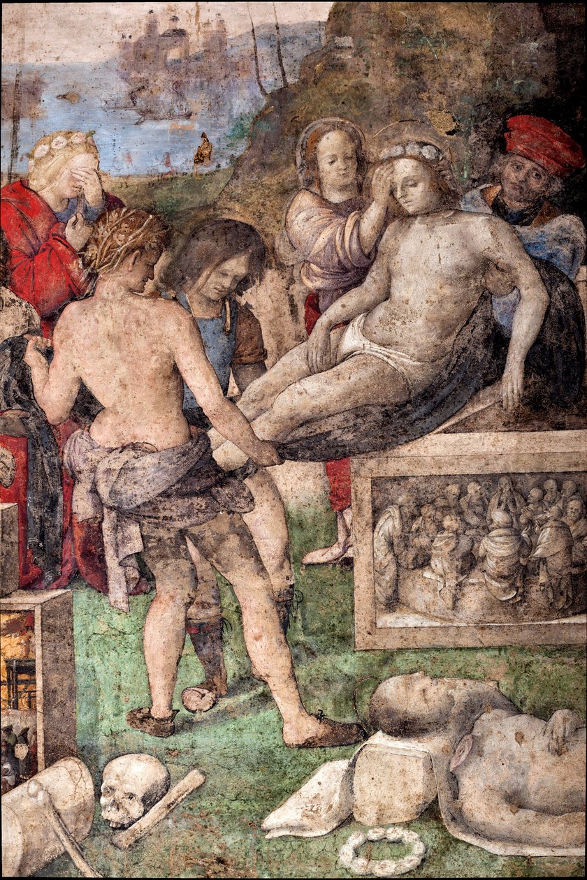 St. Ceciles liv: Begravelse af Skt. Valerian og Skt. Tiburtius, detaljer (fresco af Lorenzo Costa