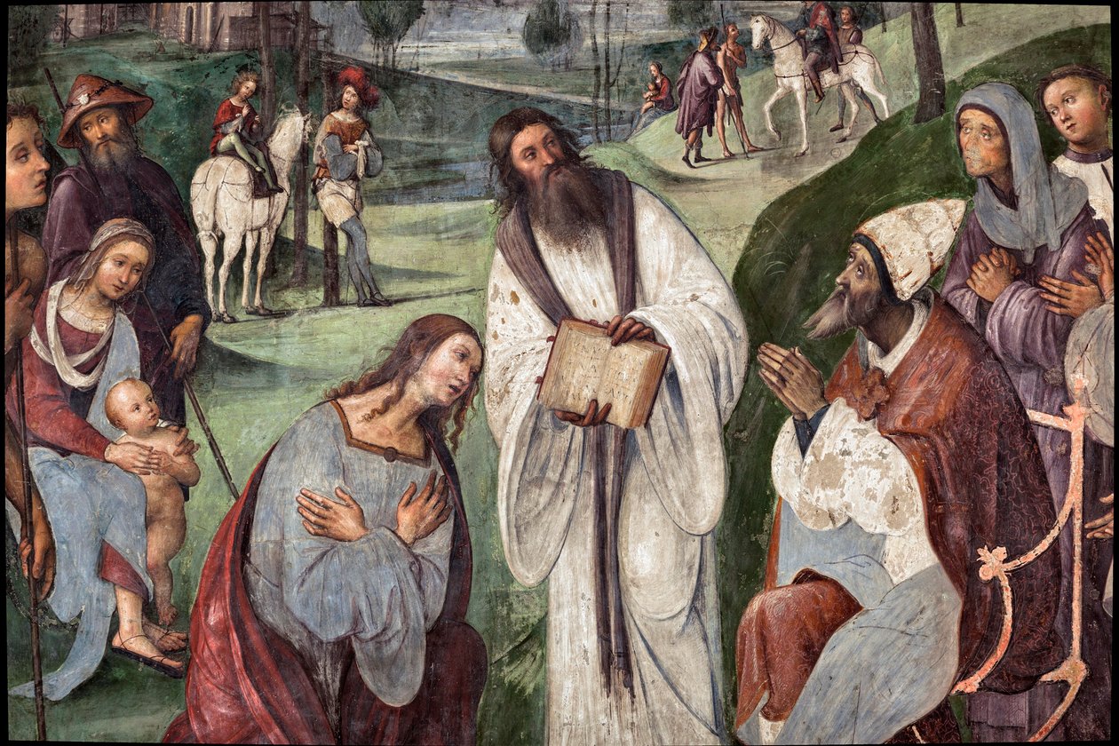 Life of St. Cecile: Urban I inviterer Baldrian til at konvertere, detaljer (fresco af Lorenzo Costa