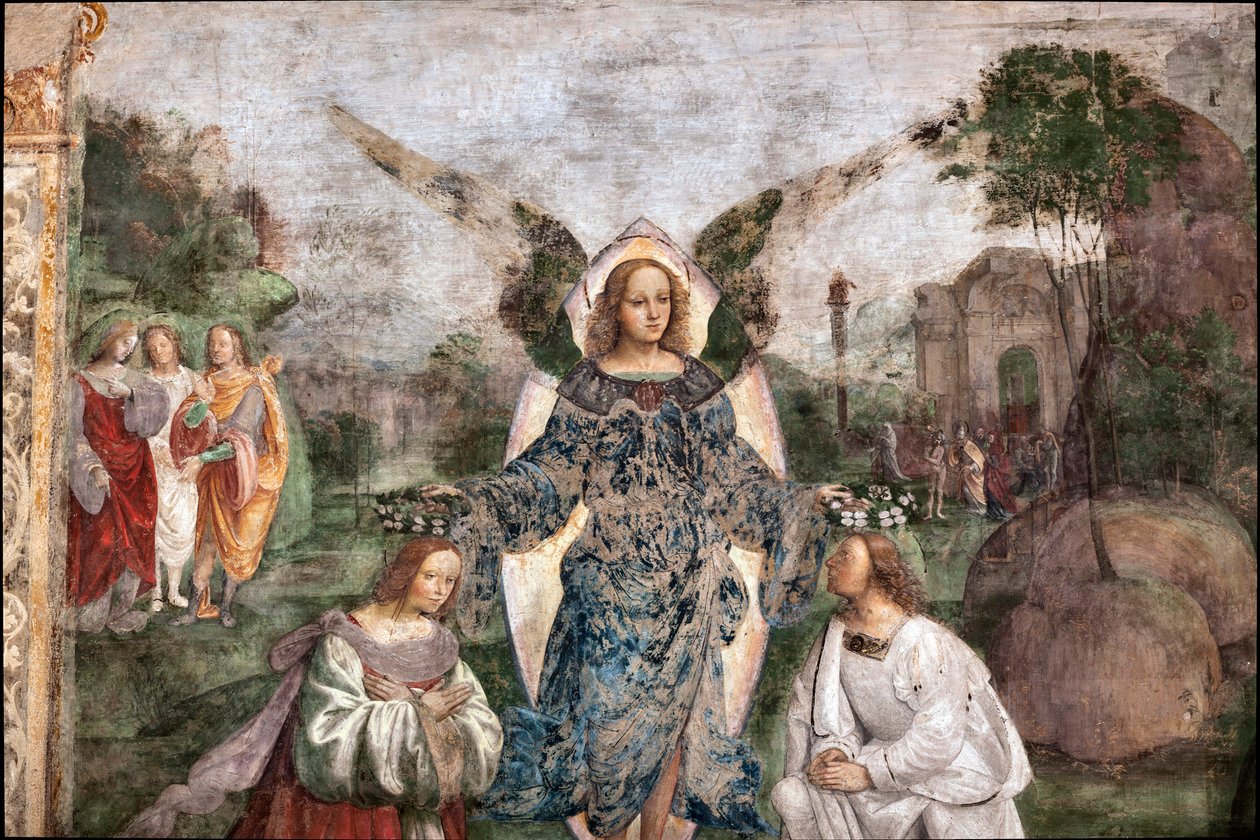St. Ceciles liv: Baldrian og cecilia kronet af en engel, detaljer (fresco af Lorenzo Costa