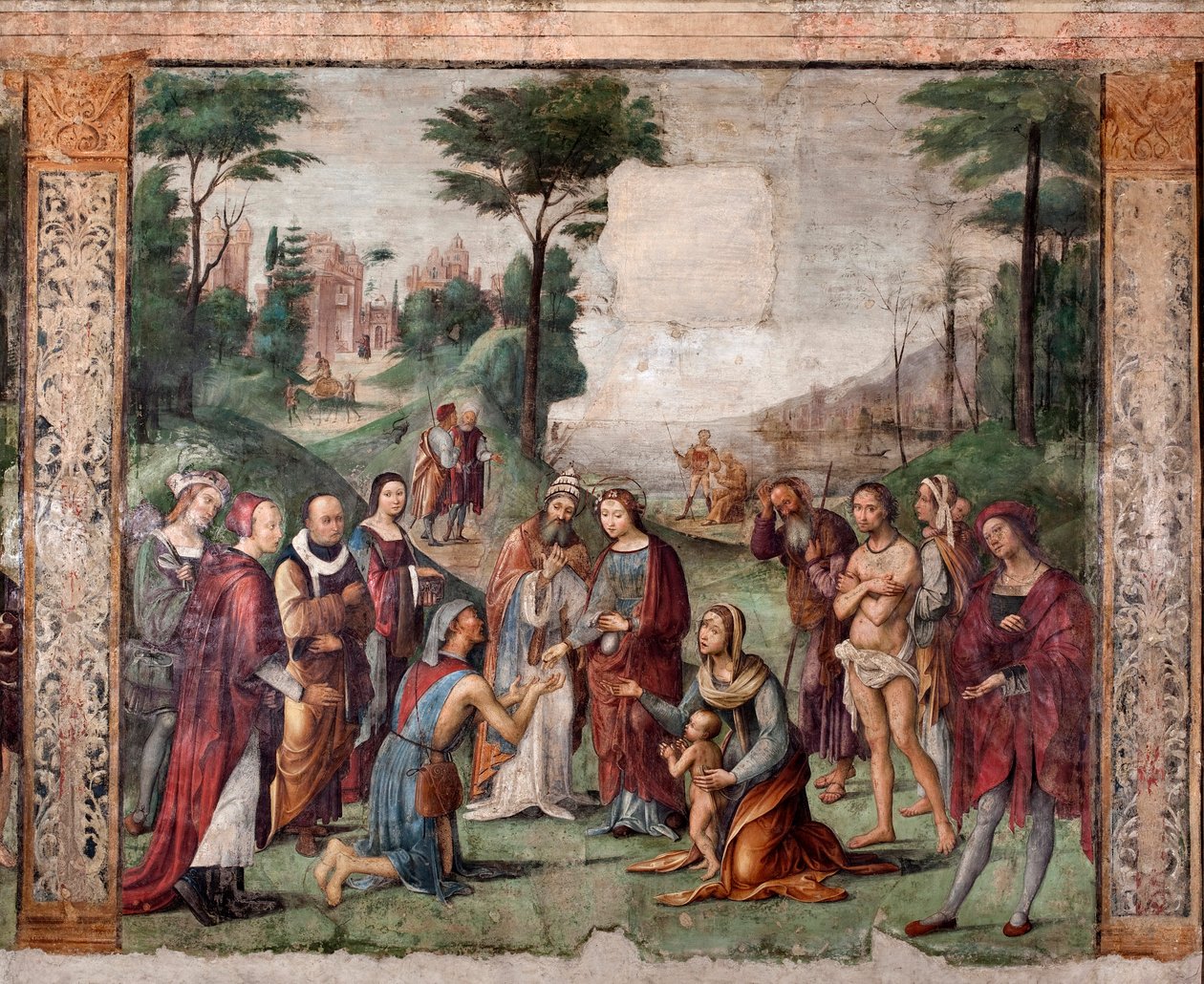 St. Cecilias liv: Helgenen giver sine ejendele til de fattige (fresco af Lorenzo Costa