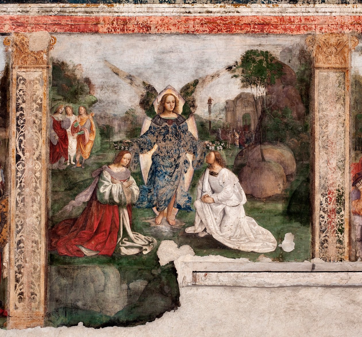 Sankt Cecilias liv: helgenen og baldrian kronet af en engel (fresco af Lorenzo Costa