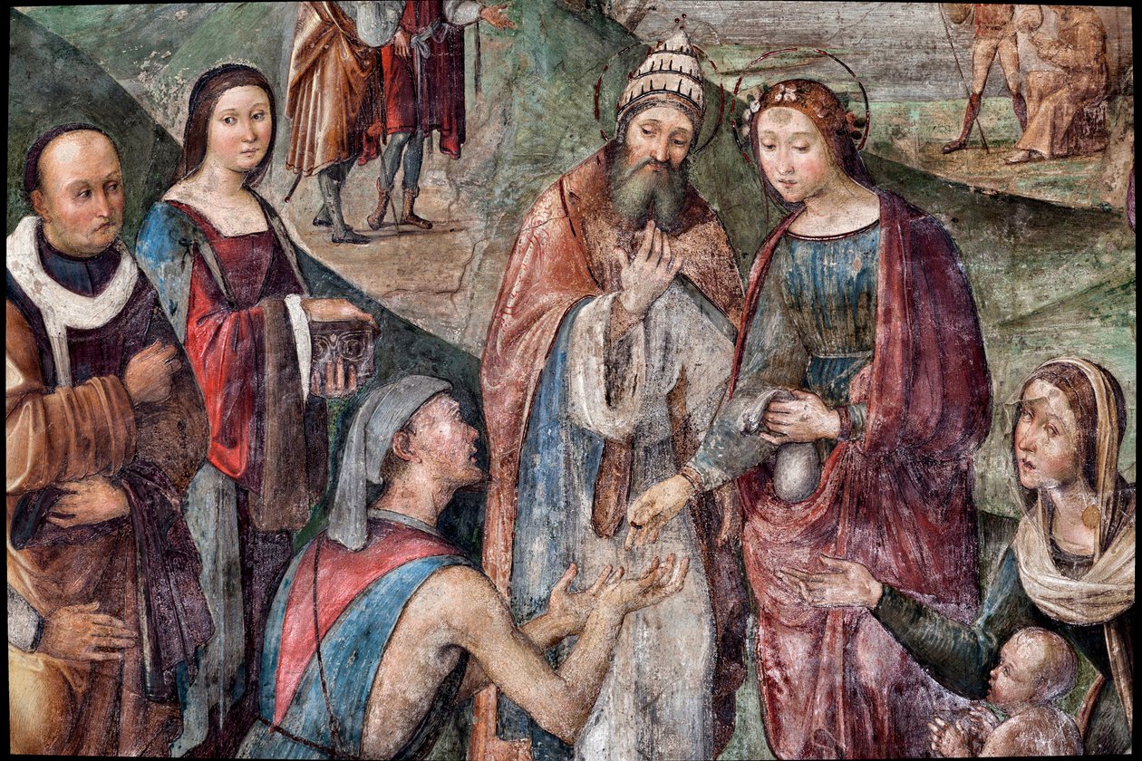 Saint Cecilia giver sine ejendele til de fattige, detaljer (fresco af Lorenzo Costa