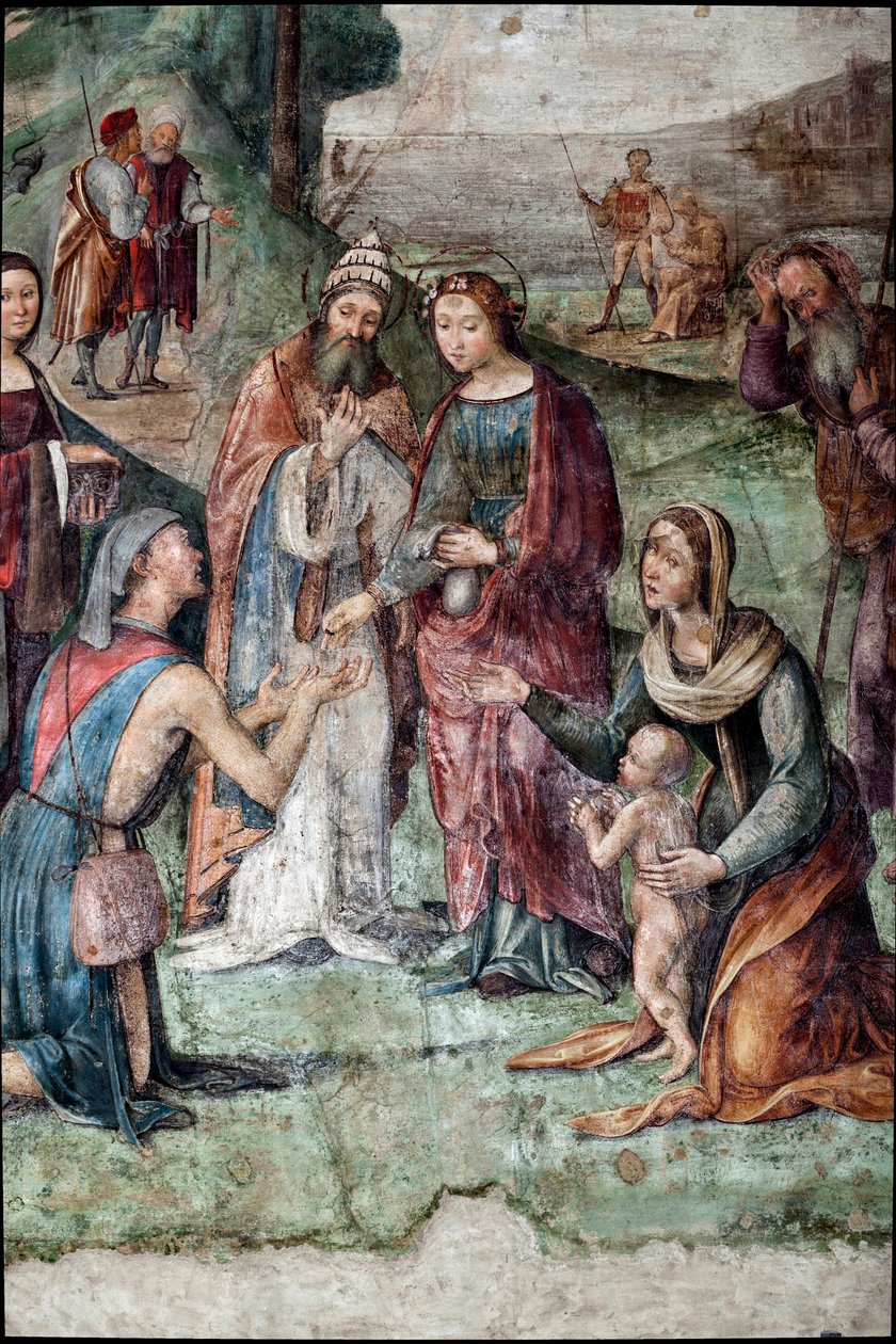Saint Cecilia giver sine ejendele til de fattige, detaljer (fresco af Lorenzo Costa