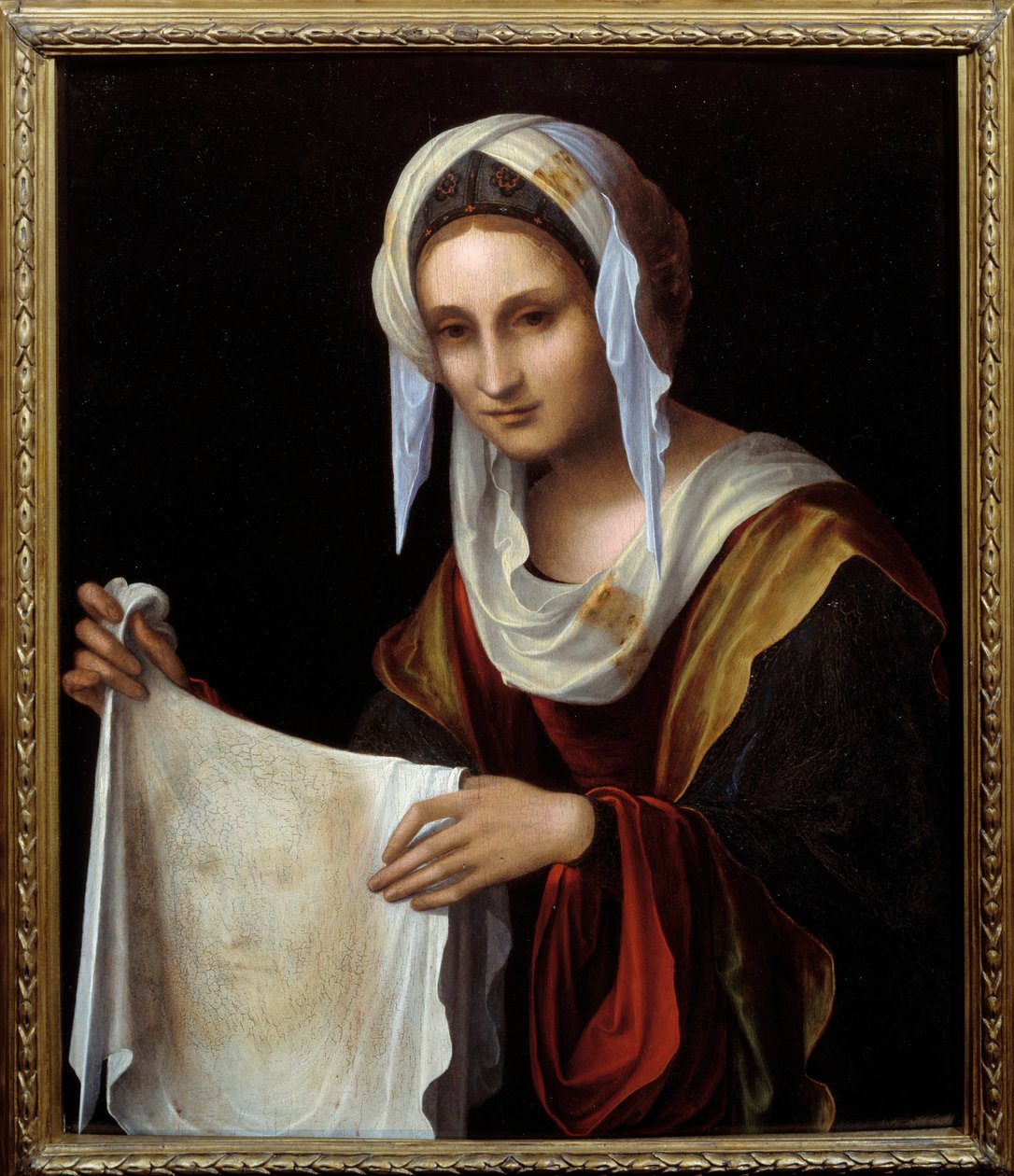 Sankt Veronica. Det hellige slør repræsenterer Kristi ansigt, hvis sved Veronique siges at have været svedig under opstigningen til Golgata. Maleri af Lorenzo Costa (1460-1535) søn. 0,64x0,54 m af Lorenzo Costa