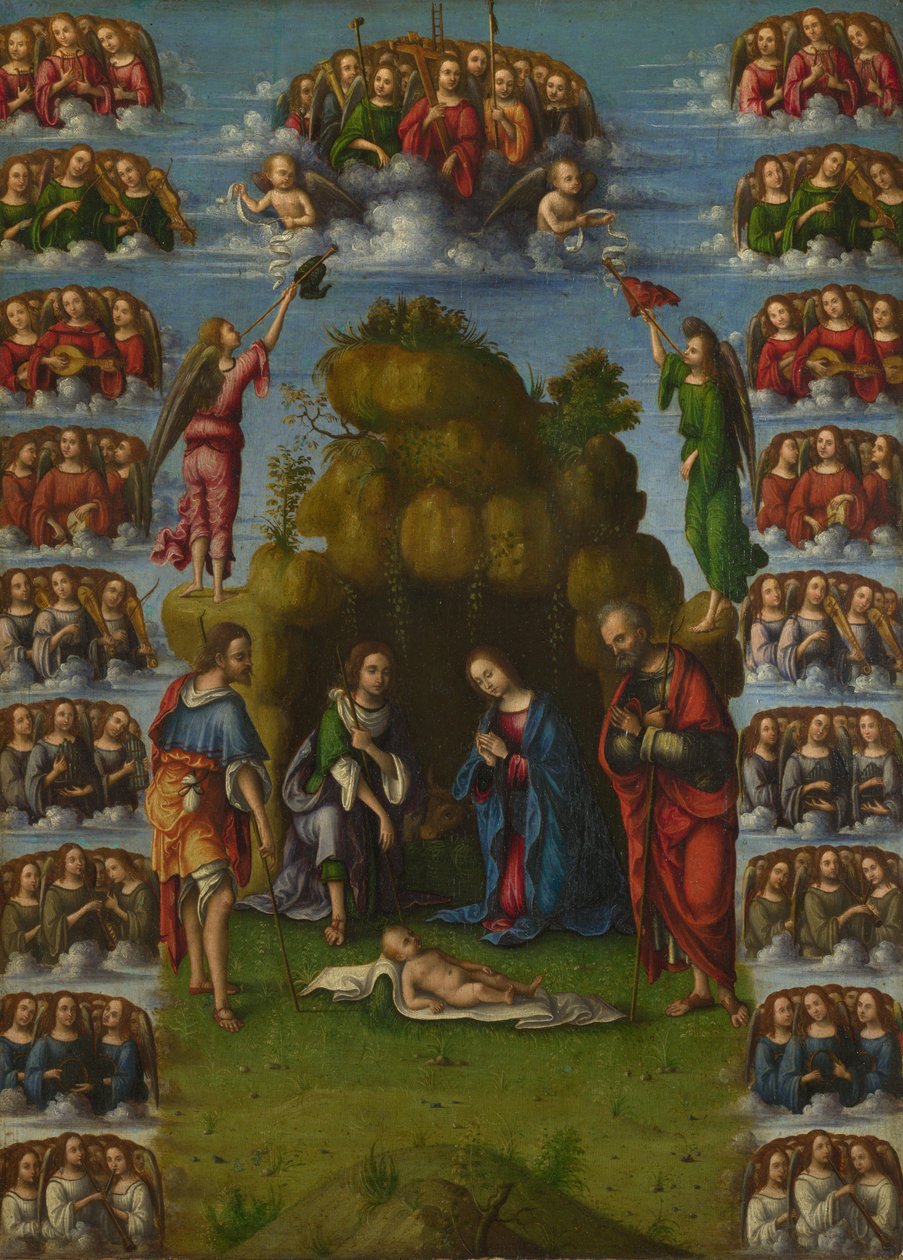 Hyrdernes tilbedelse med engle, 1499 af Lorenzo Costa