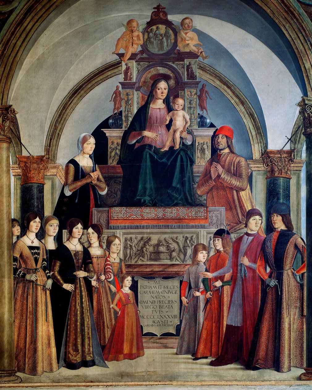The Virgin of the Bentivoglio Virgin har barnet omgivet af medlemmer af Bentivoglio-familien. Maleri af Lorenzo Costa (1460-1535) 1488 Bologna, San Giacomo Maggiore-kirken af Lorenzo Costa