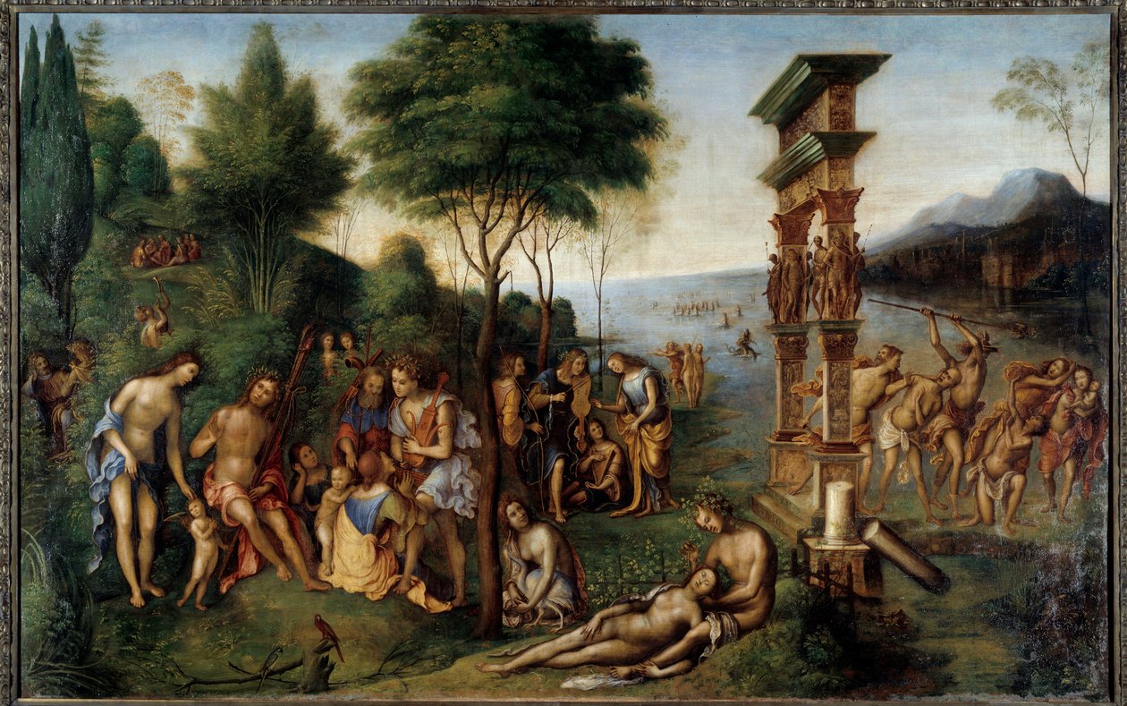 Regnen af Comus Comus, gud for glædelige fester, henter fra Philostrates "Imagines". Til venstre er de tilladte fornøjelser adskilt fra de forbudte fornøjelser. I forgrunden historien om Dionysos kærlighed og den frygiske naiad Nikaia. Maleri af L af Lorenzo Costa