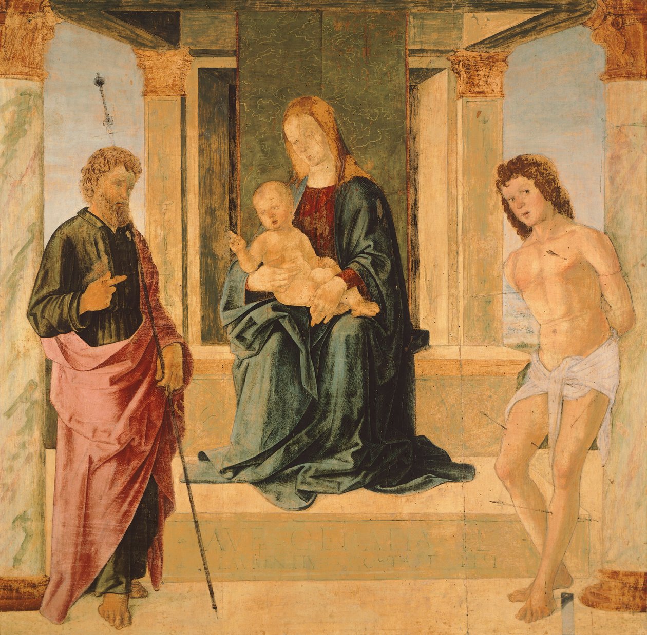 Virgin and Child Enthroned, med St James og St Sebastian (maleri) af Lorenzo Costa