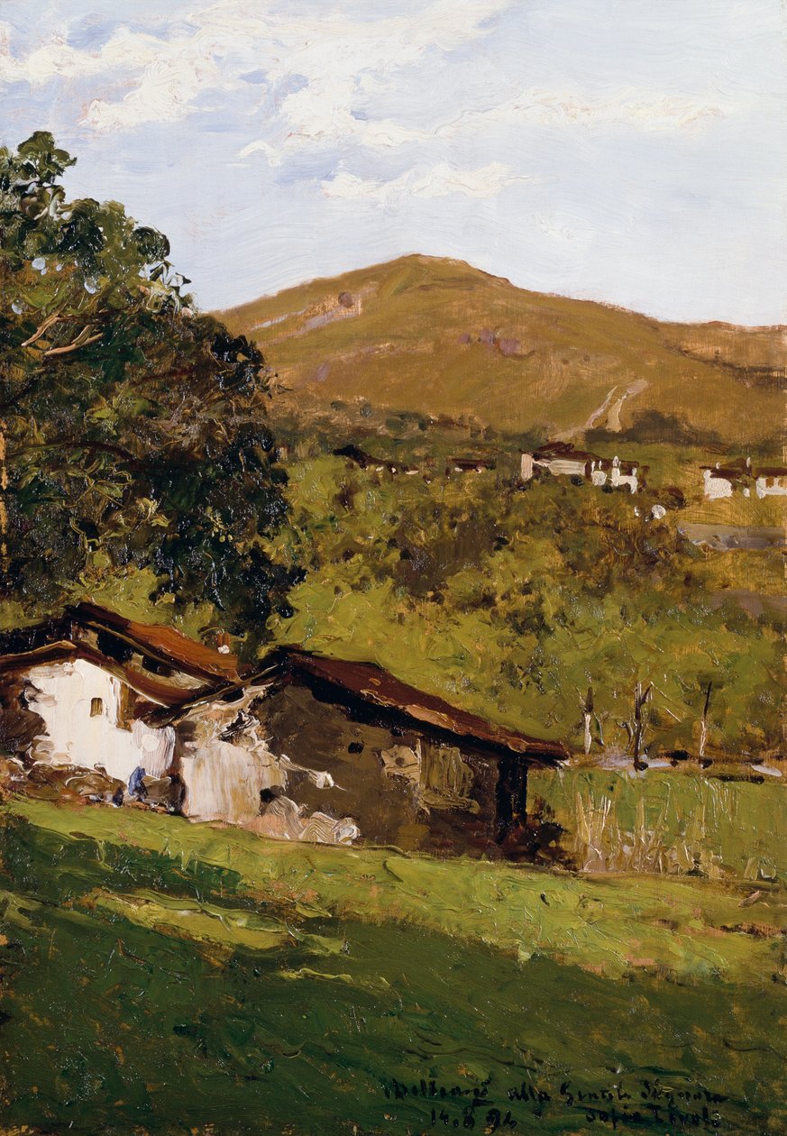 Bondehuse blandt grønt (Pre-Alps of Biella), af Lorenzo Delleani (1840-1908), olie på panel, 44,9x30,7 cm af Lorenzo Delleani
