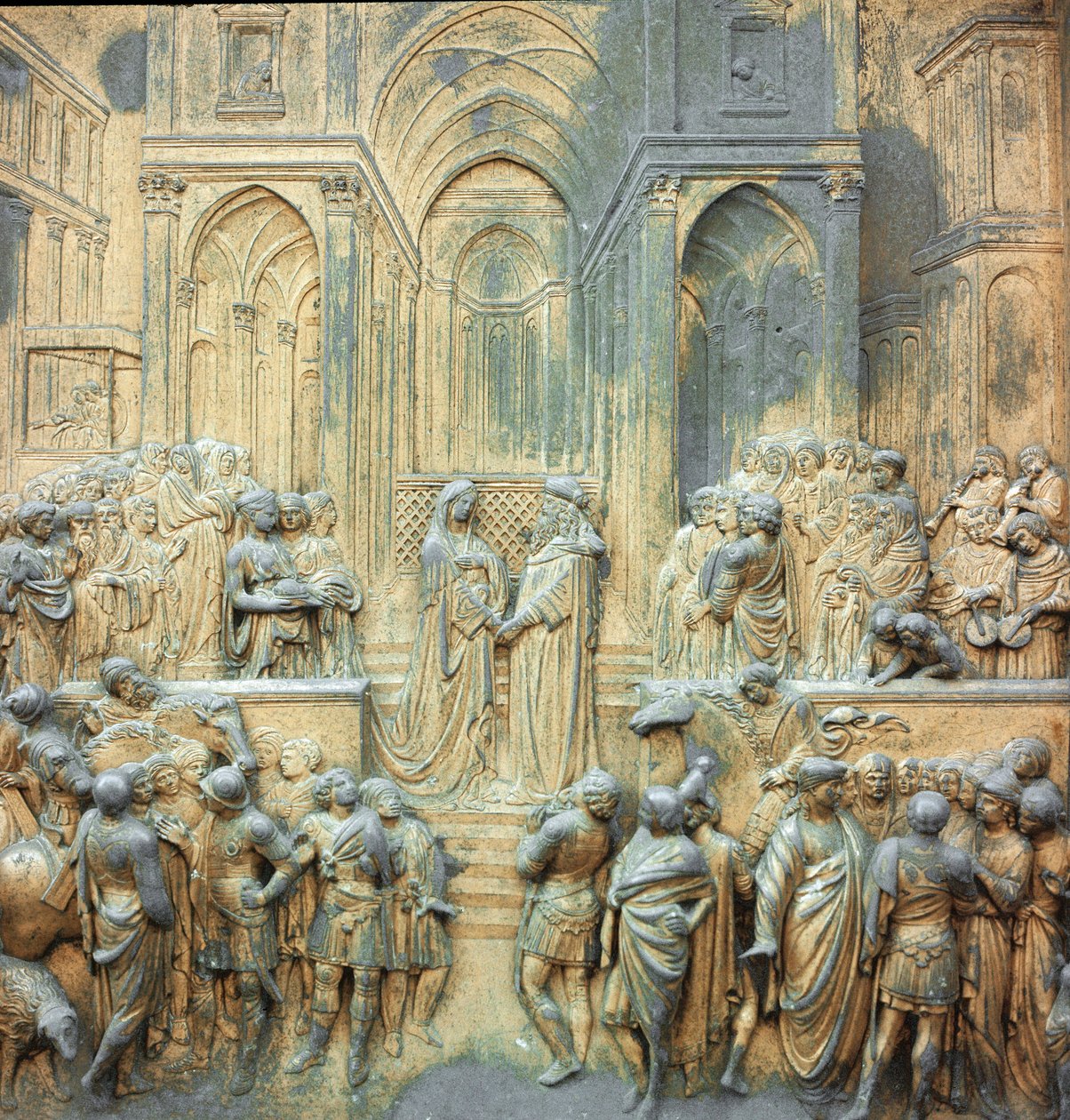 Kong Salomon modtager dronningen af Saba ved Lorenzo Ghibertis lavrelieftemplet (1378-1455) 1424-1452 Firenze, Baptisteriets paradisport af Lorenzo Ghiberti