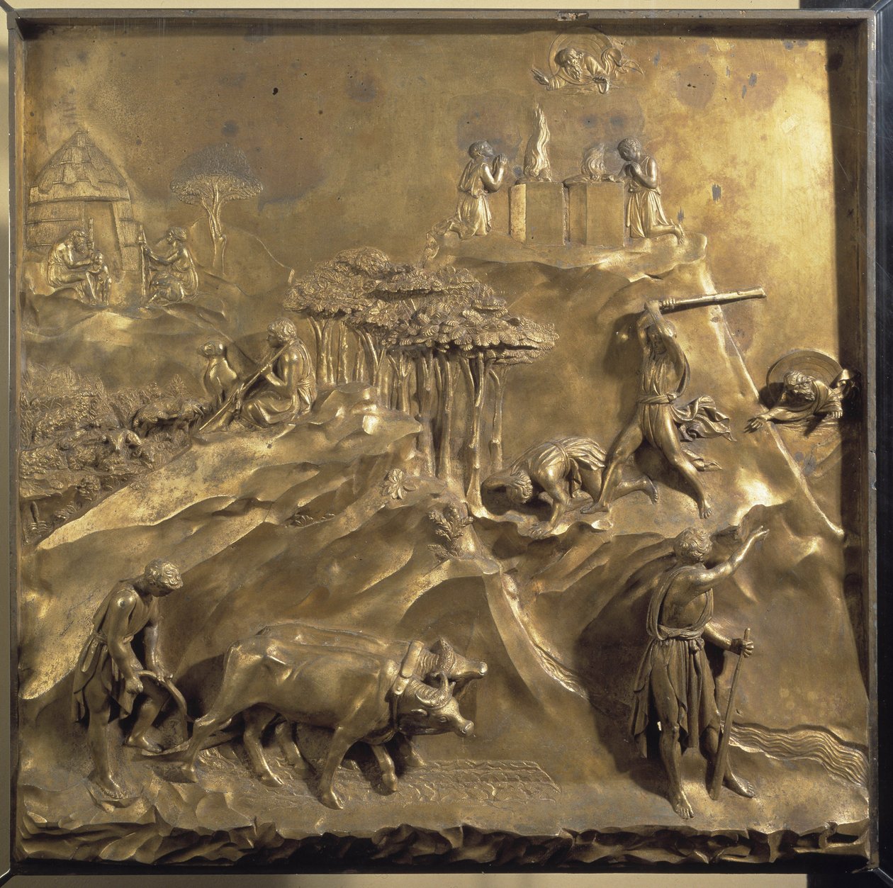 Kains og Abels liv: ofringen, mordet på Abel og Gud, der forviser Kain. Originalt panel af døren til Paradiset af Lorenzo Ghiberti