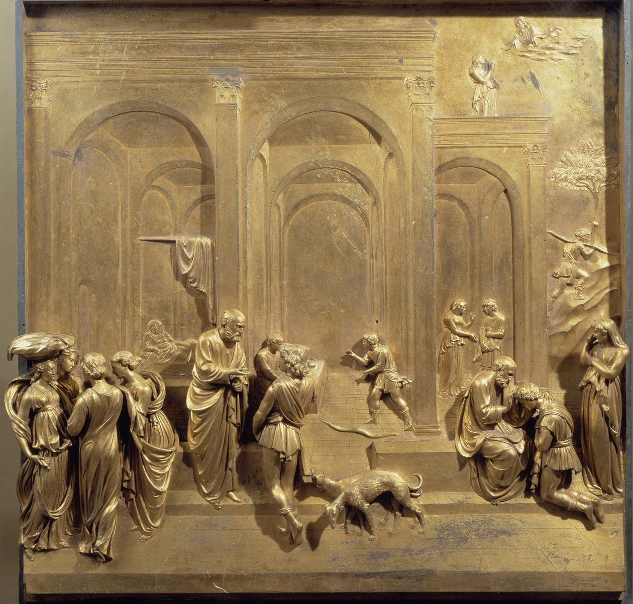 Jakobs og Esaus liv: Esau sælger sin førstefødselsret og Isak velsigner Jakob. Originalt panel af døren til Paradiset af Lorenzo Ghiberti