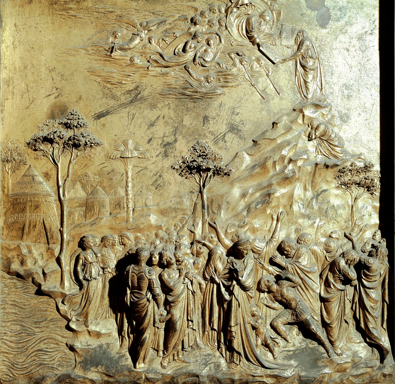 Moses modtager lovens tabeller Originalt panel af Paradisporten (Østporten til Baptisteren), efter restaurering. Guldbronze af Lorenzo Ghiberti (1378-1455) af Lorenzo Ghiberti