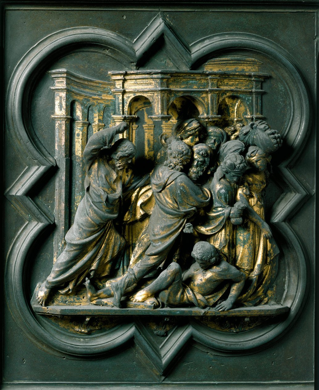 North Gate (kaldet Gate of the Cross, i nord), udvendig detalje: "" Jesus jager købmænd fra templet""" Bronzeskulptur lavet af Lorenzo Ghiberti (1378-1455) af Lorenzo Ghiberti