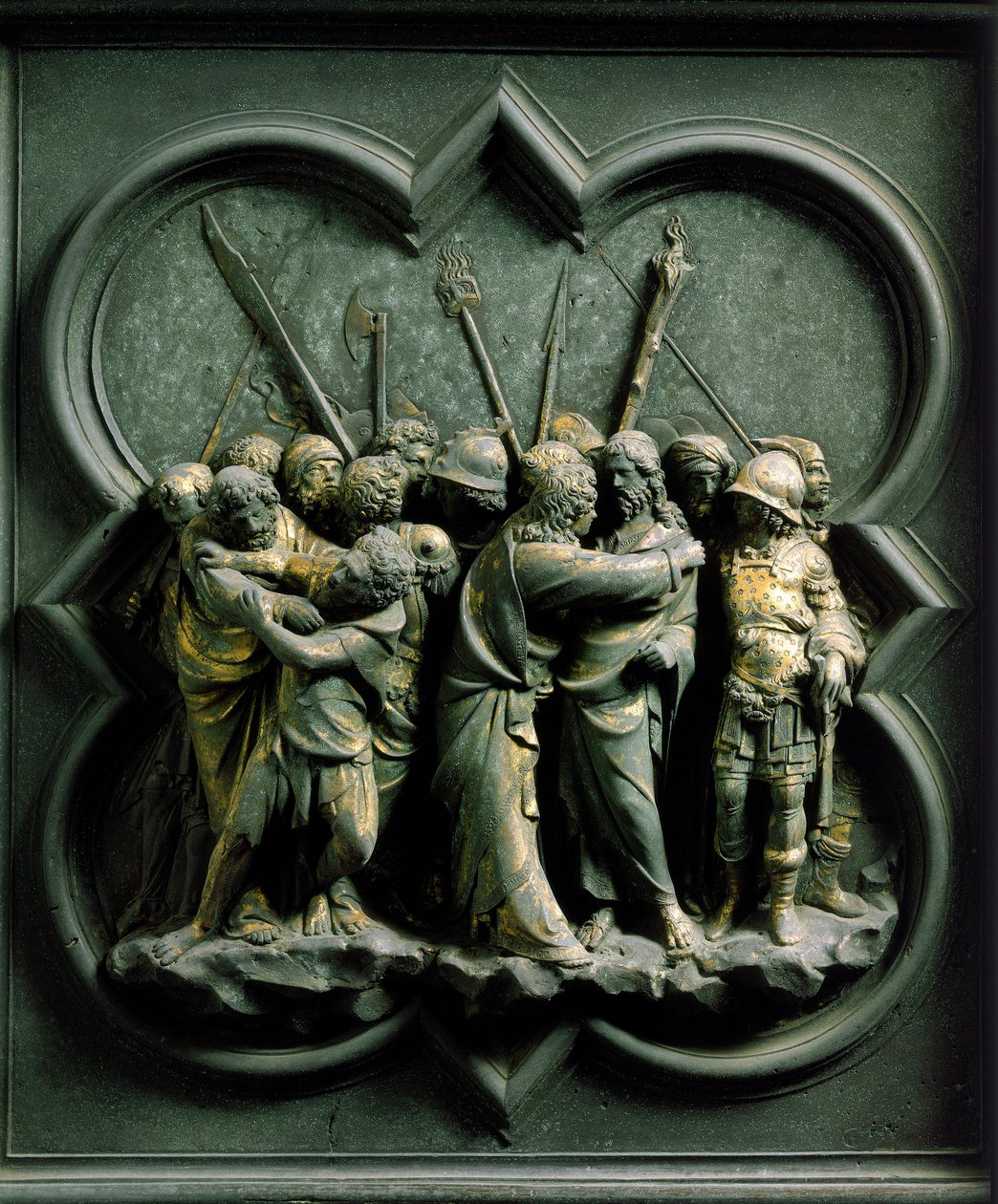 North Gate (kaldet Gate of the Cross, i nord), udvendig detalje: "" The Kiss of Judas"" Bronzeskulptur lavet af Lorenzo Ghiberti (1378-1455) af Lorenzo Ghiberti