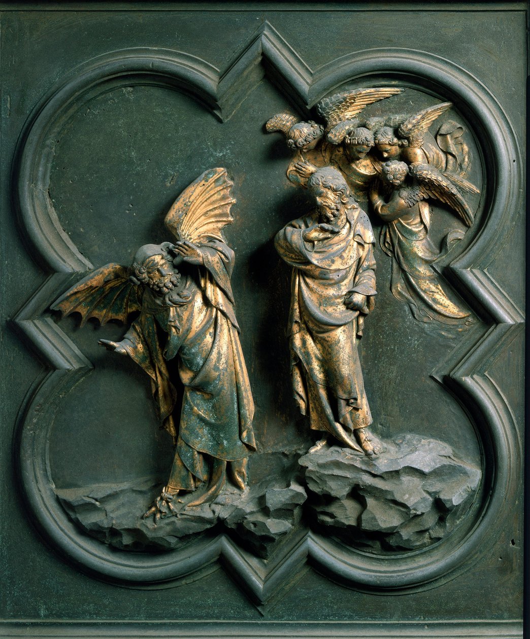 North Gate (kaldet Gate of the Cross, i nord), ydre detalje: "" Kristi fristelse"" Bronzeskulptur lavet af Lorenzo Ghiberti (1378-1455) af Lorenzo Ghiberti