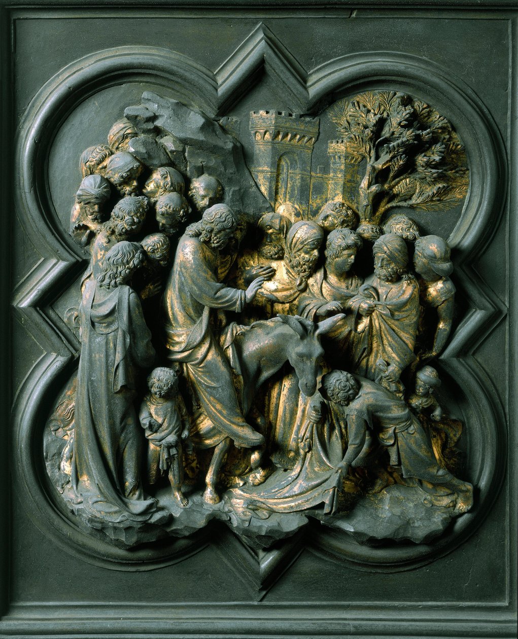 Nordport (kaldet Korsets Port, i nord), udvendig detalje: "" indgangen til Jerusalem"" Bronzeskulptur lavet af Lorenzo Ghiberti (1378-1455) af Lorenzo Ghiberti