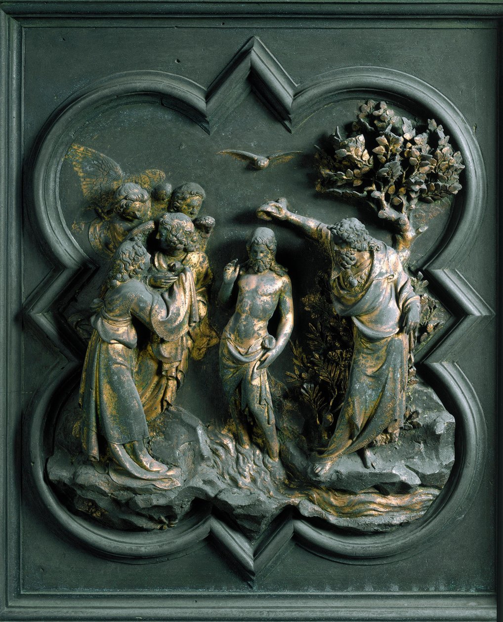 Nordporten (kaldet korsets port i nord), udvendig detalje: "Kristi dåb" Bronzeskulptur udført af Lorenzo Ghiberti (1378-1455) af Lorenzo Ghiberti