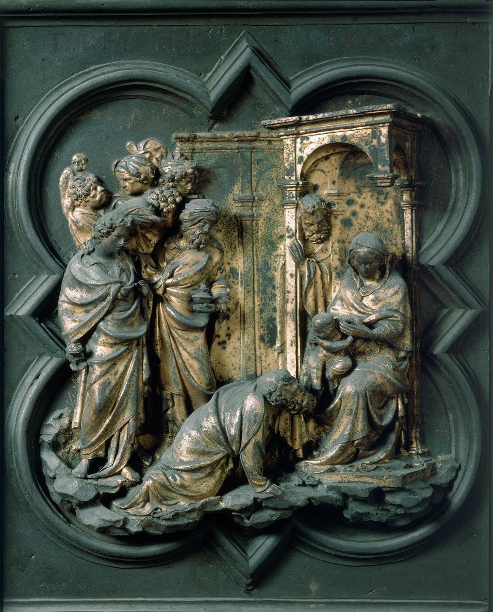 North Porte (kaldet Gate of the Cross, mod nord), udvendig detalje: Adoration of the Magi. Bronzeskulptur lavet af Lorenzo Ghiberti (1378-1455) af Lorenzo Ghiberti