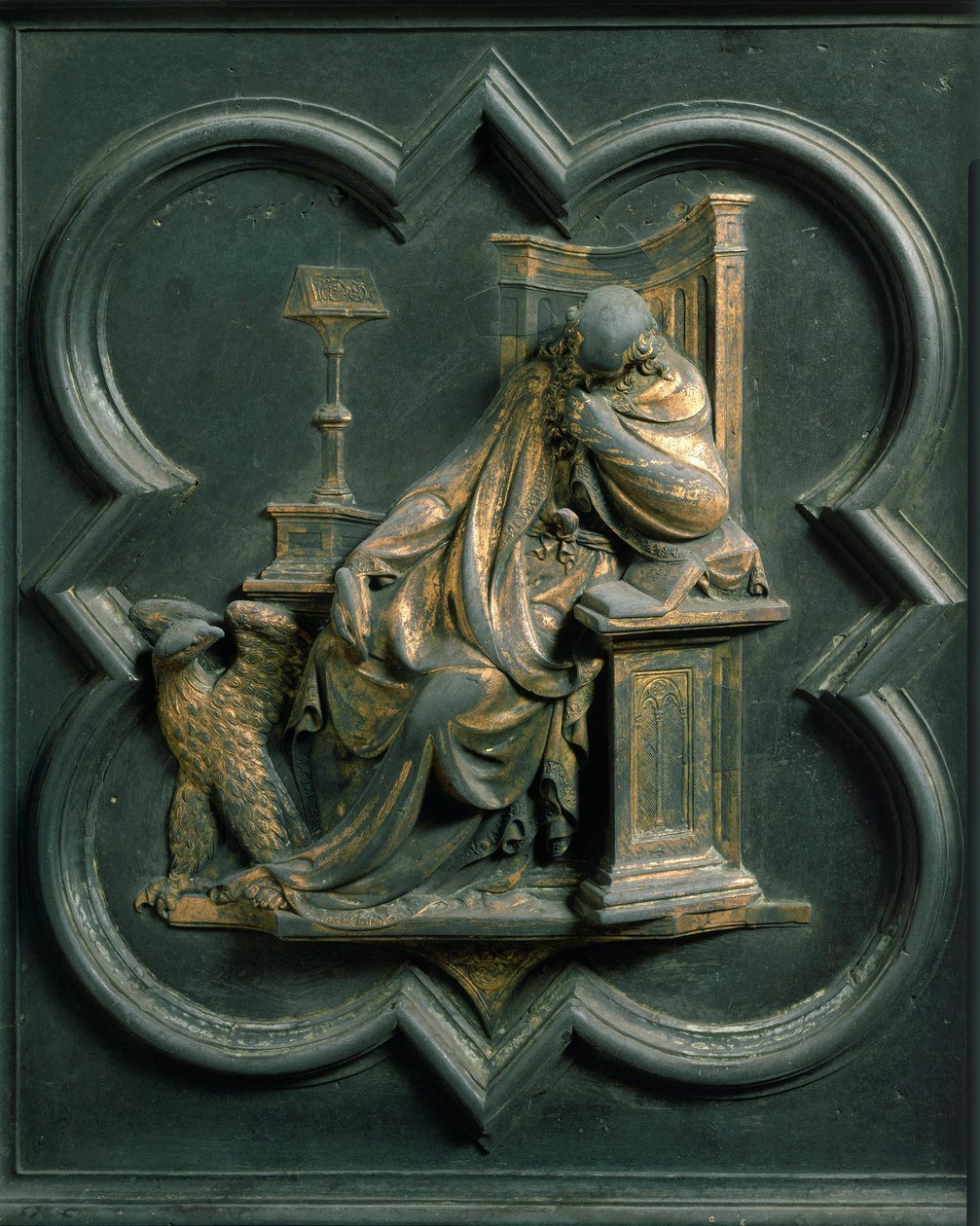 North Porte (kaldet Gate of the Cross, mod nord), udvendig detalje: Saint John Evangelist. Bronzeskulptur lavet af Lorenzo Ghiberti (1378-1455) af Lorenzo Ghiberti
