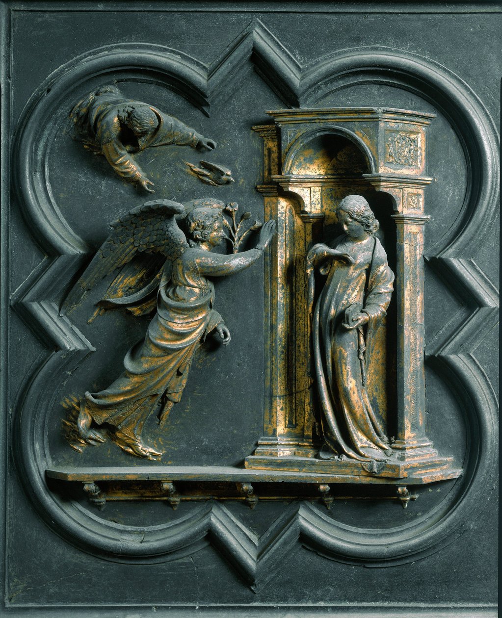 Nordporten (kaldet korsets port, mod nord), udvendig detalje: Bebudelsen. Bronzeskulptur udført af Lorenzo Ghiberti (1378-1455) af Lorenzo Ghiberti
