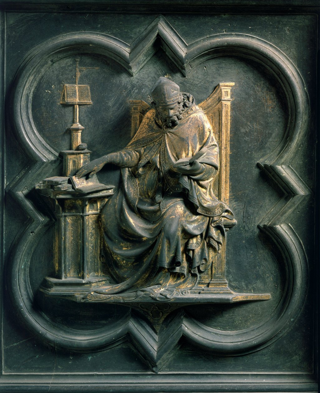 Nordporten (kaldet Porte de la Croix, nord), udvendig detalje: Saint Ambrose. Bronzeskulptur udført af Lorenzo Ghiberti (1378-1455) af Lorenzo Ghiberti