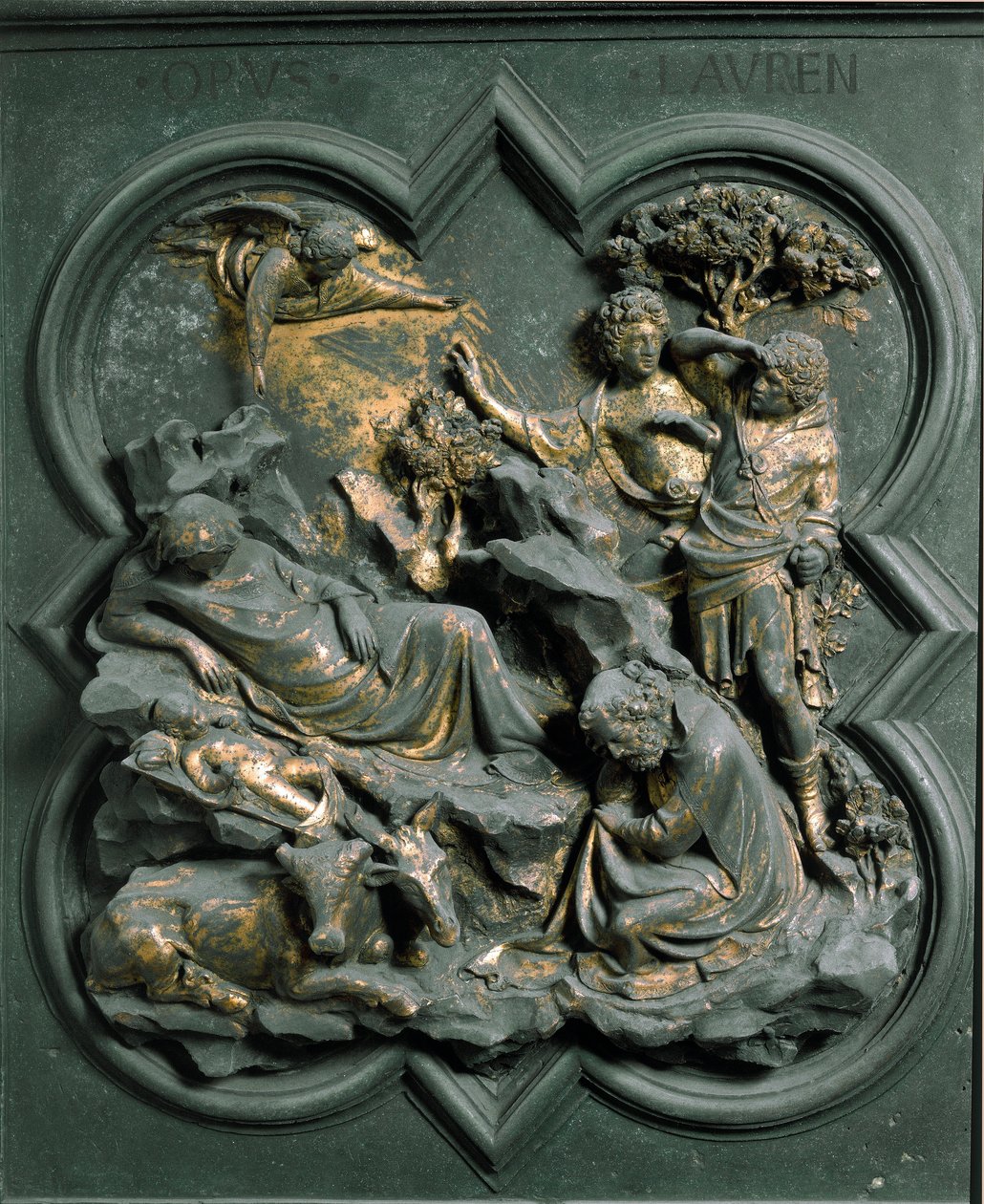 North Porte (kaldet Porte de la Croix, mod nord), udvendig detalje: Nativiten. Bronzeskulptur lavet af Lorenzo Ghiberti (1378-1455) af Lorenzo Ghiberti