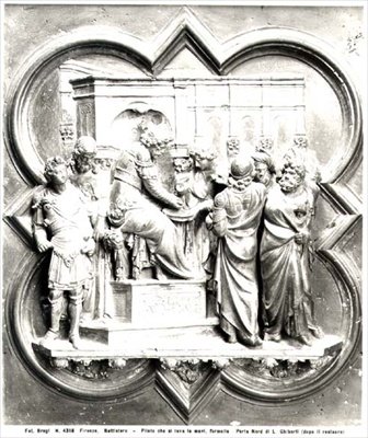 Pontius Pilatus vasker sine hænder, relief fra døbefontens døre, ca. 1403 (forgyldt bronze) (foto s/h) af Lorenzo Ghiberti