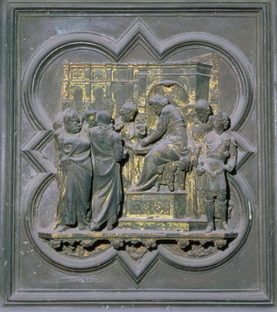 Pontius Pilatus vasker sine hænder foran Kristus, sekstende panel i norddørene i San Giovanni-døbefonten, 1403-24 (bronze) af Lorenzo Ghiberti