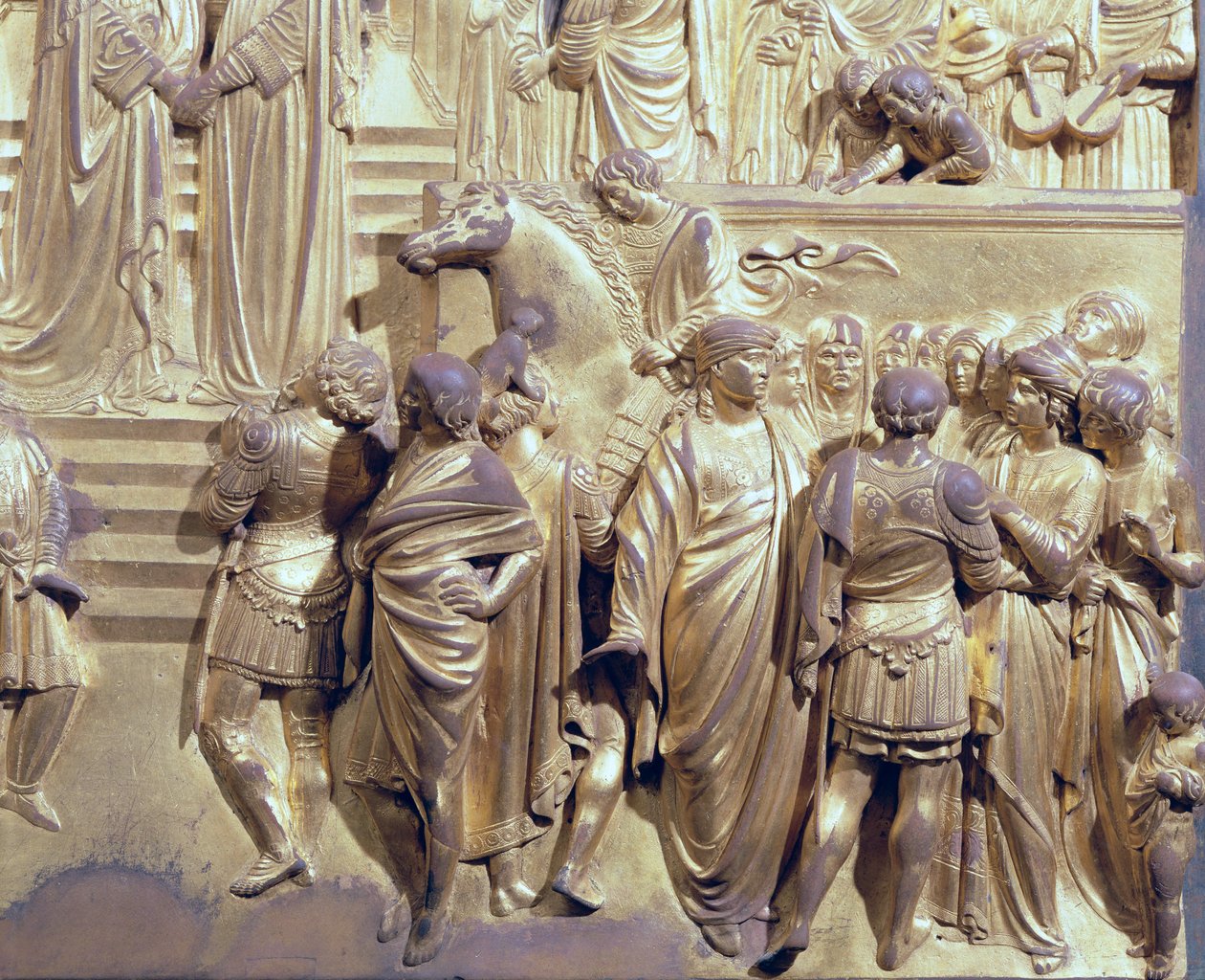 Mødet mellem kong Salomon og dronningen af Saba, detalje af ledsagerne, fra det originale panel fra dåbskapellets østdøre, restaurering af forgyldt bronzestolpe 1425-52 af Lorenzo Ghiberti